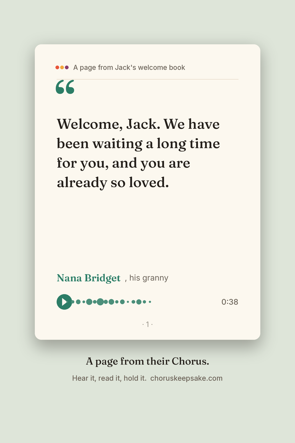 A welcome message page for a baby
